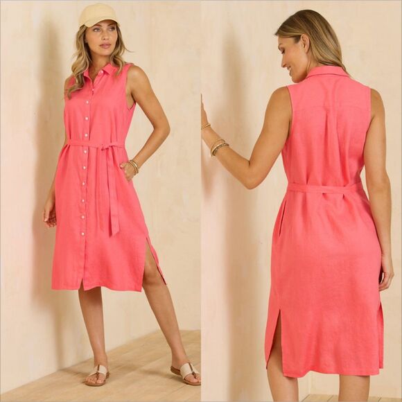 Tommy Bahama Two Palms Linen Midi Shirt Dress Size Medium No Belt Coral Pockets - Picture 1 of 8